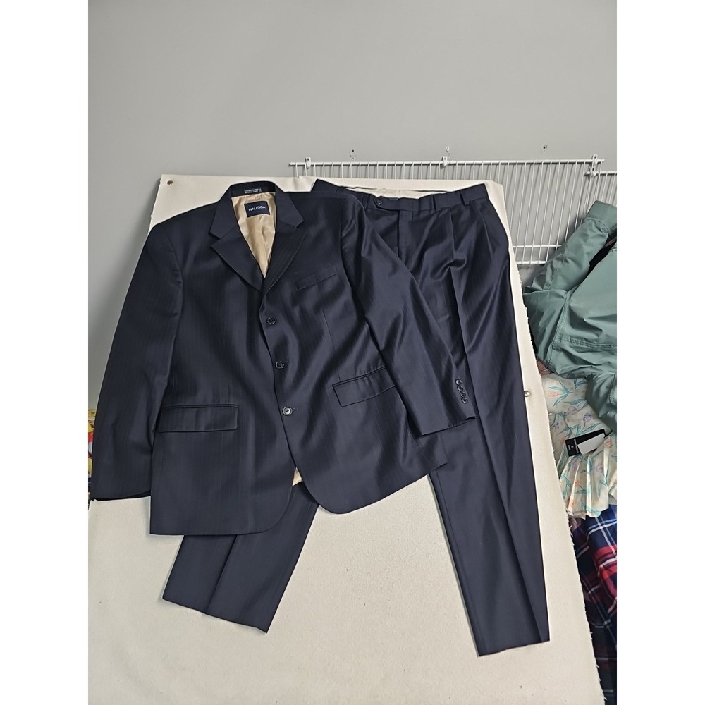 Nautica Mens Navy Blue Pinstripe 3‎ Button Suit Lord & Taylor Blazer Pants Set